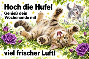 Getigertes Kätzchen rollt sich lachend zwischen lila Rosen, ein zweites springt, Text: Hoch die Hufe! Genieß dein Wochenende mit viel frischer Luft!