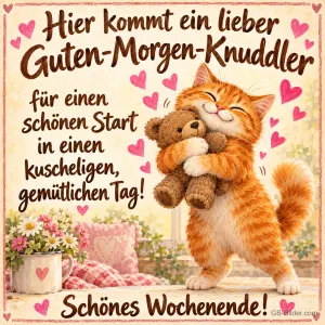 Rote Katze drückt glücklich einen Teddybären an sich, rosa Herzen, Text: Hier kommt ein lieber Guten-Morgen-Knuddler für einen schönen Start in einen kuscheligen, gemütlichen Tag! Schönes Wochenende!