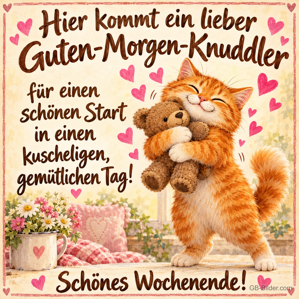 Rote Katze drückt glücklich einen Teddybären an sich, rosa Herzen, Text: Hier kommt ein lieber Guten-Morgen-Knuddler für einen schönen Start in einen kuscheligen, gemütlichen Tag! Schönes Wochenende!