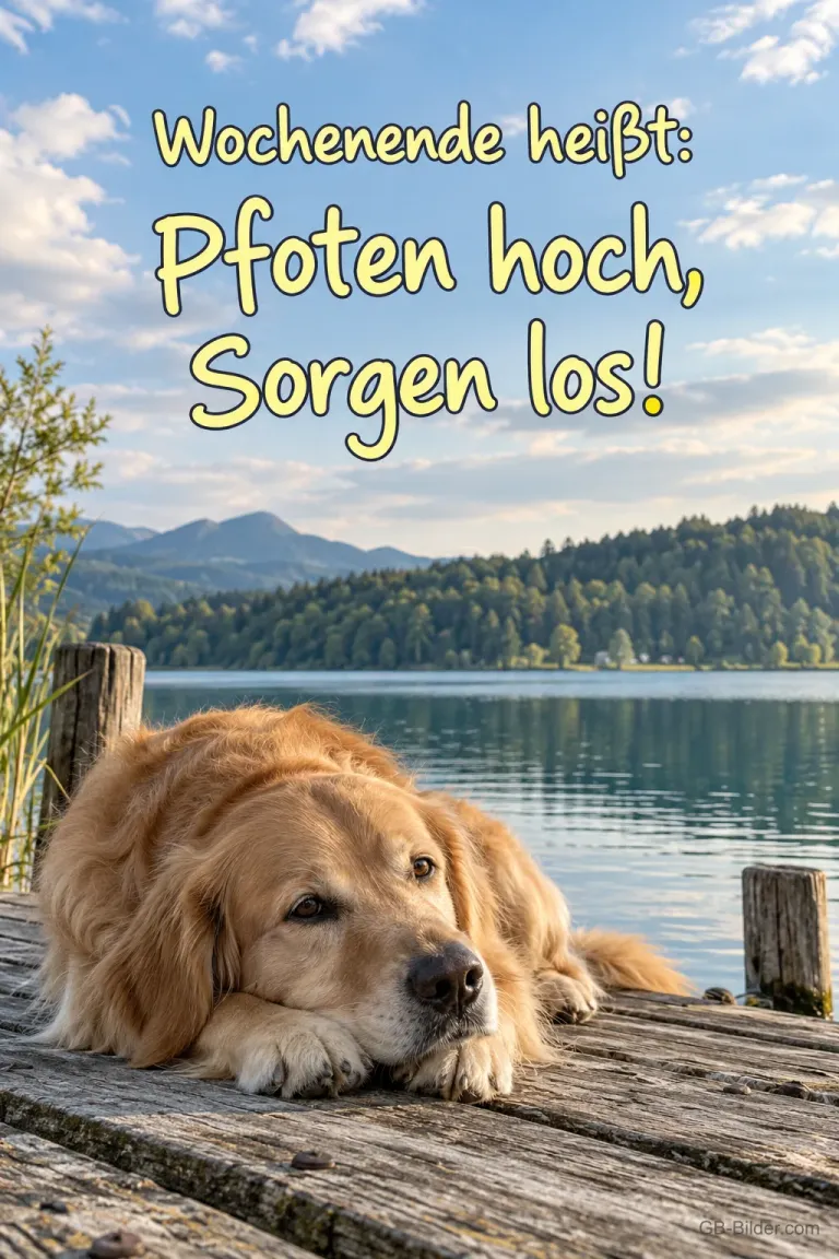 Golden Retriever am See, Text: Wochenende heißt: Pfoten hoch, Sorgen los