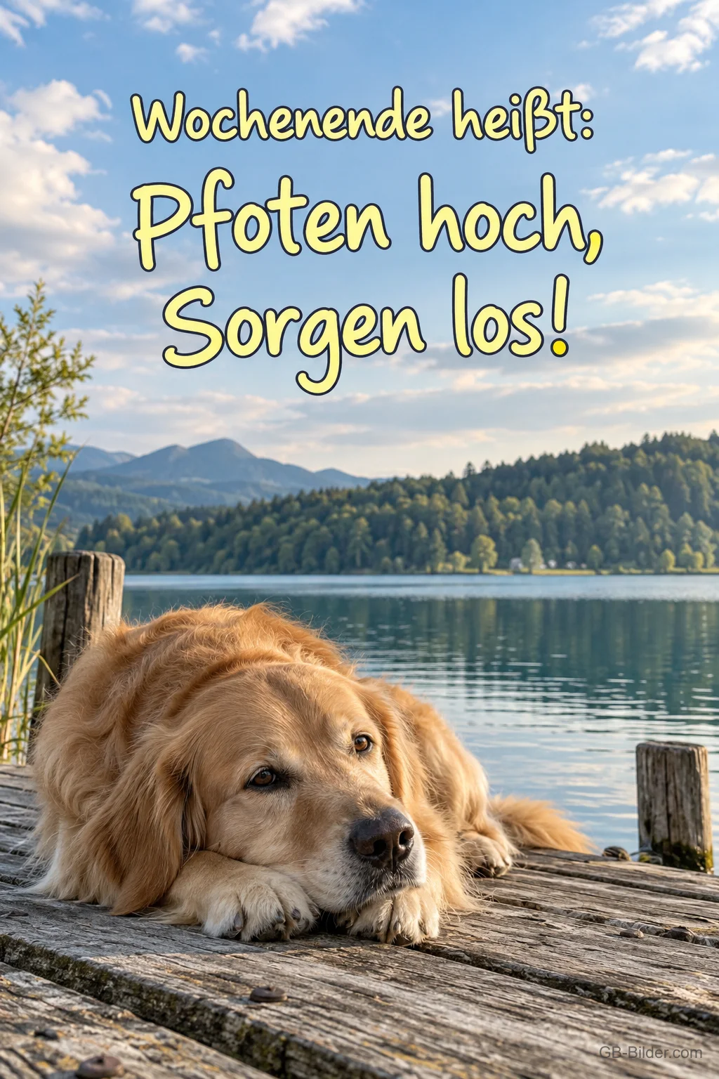Golden Retriever am See, Text: Wochenende heißt: Pfoten hoch, Sorgen los
