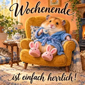 Hamster im blauen Bademantel und Hasenpantoffeln sitzt mit Teetasse im Sessel, Text: Wochenende ist einfach herrlich!