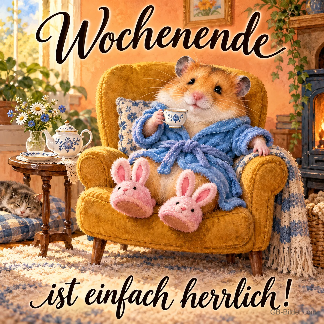 Hamster im blauen Bademantel und Hasenpantoffeln sitzt mit Teetasse im Sessel, Text: Wochenende ist einfach herrlich!