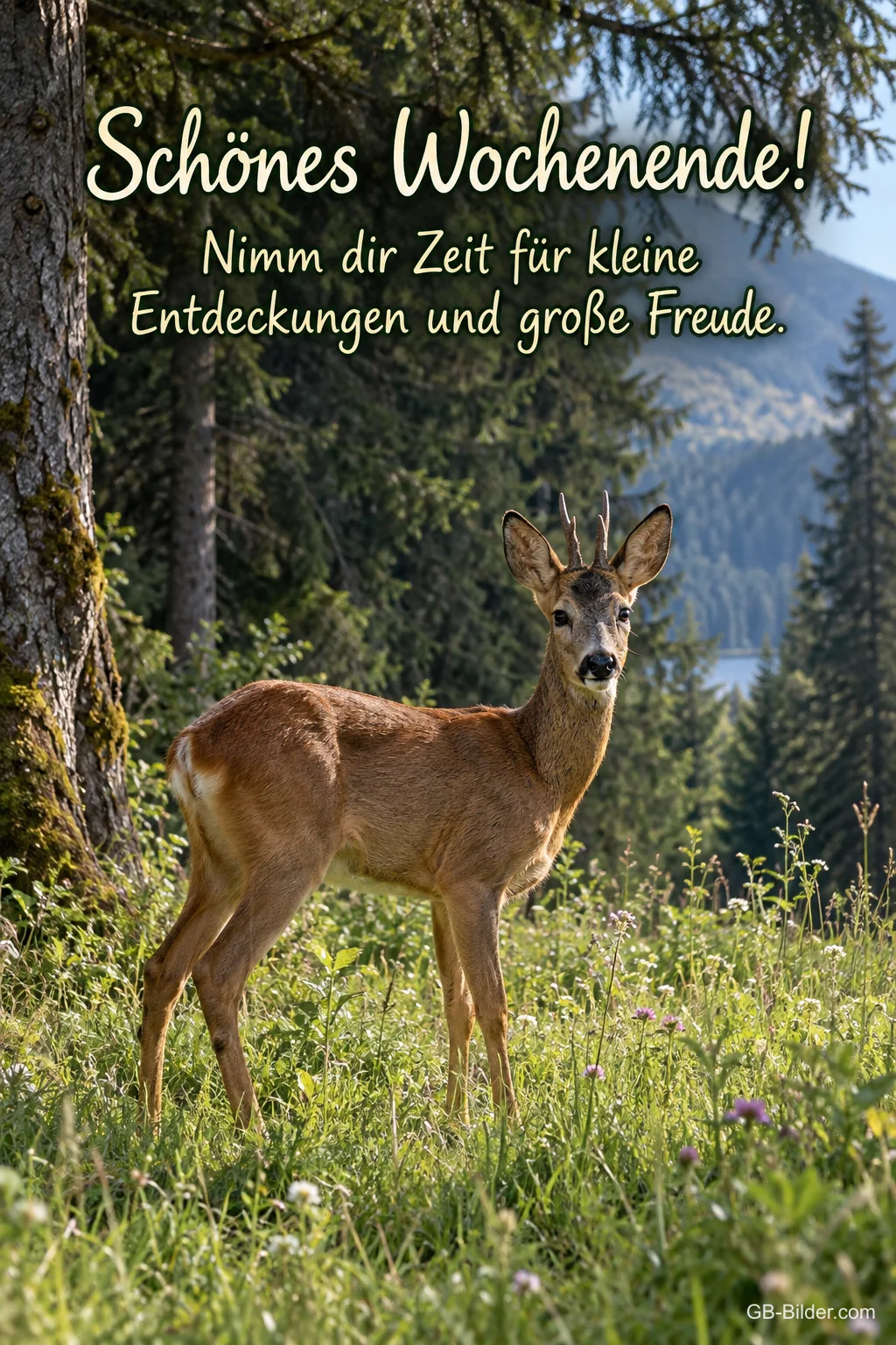 Rehbock auf der Lichtung, Text: Schönes Wochenende