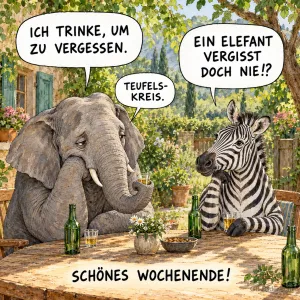 Elefant und Zebra sitzen an einem Gartentisch, Text: ICH TRINKE, UM ZU VERGESSEN. – EIN ELEFANT VERGISST DOCH NIE!? – TEUFELSKREIS. SCHÖNES WOCHENENDE!