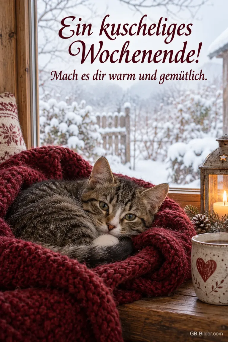 Kätzchen liegt in einer roten Strickdecke am verschneiten Fenster, Text: Ein kuscheliges Wochenende! Mach es dir warm und gemütlich.