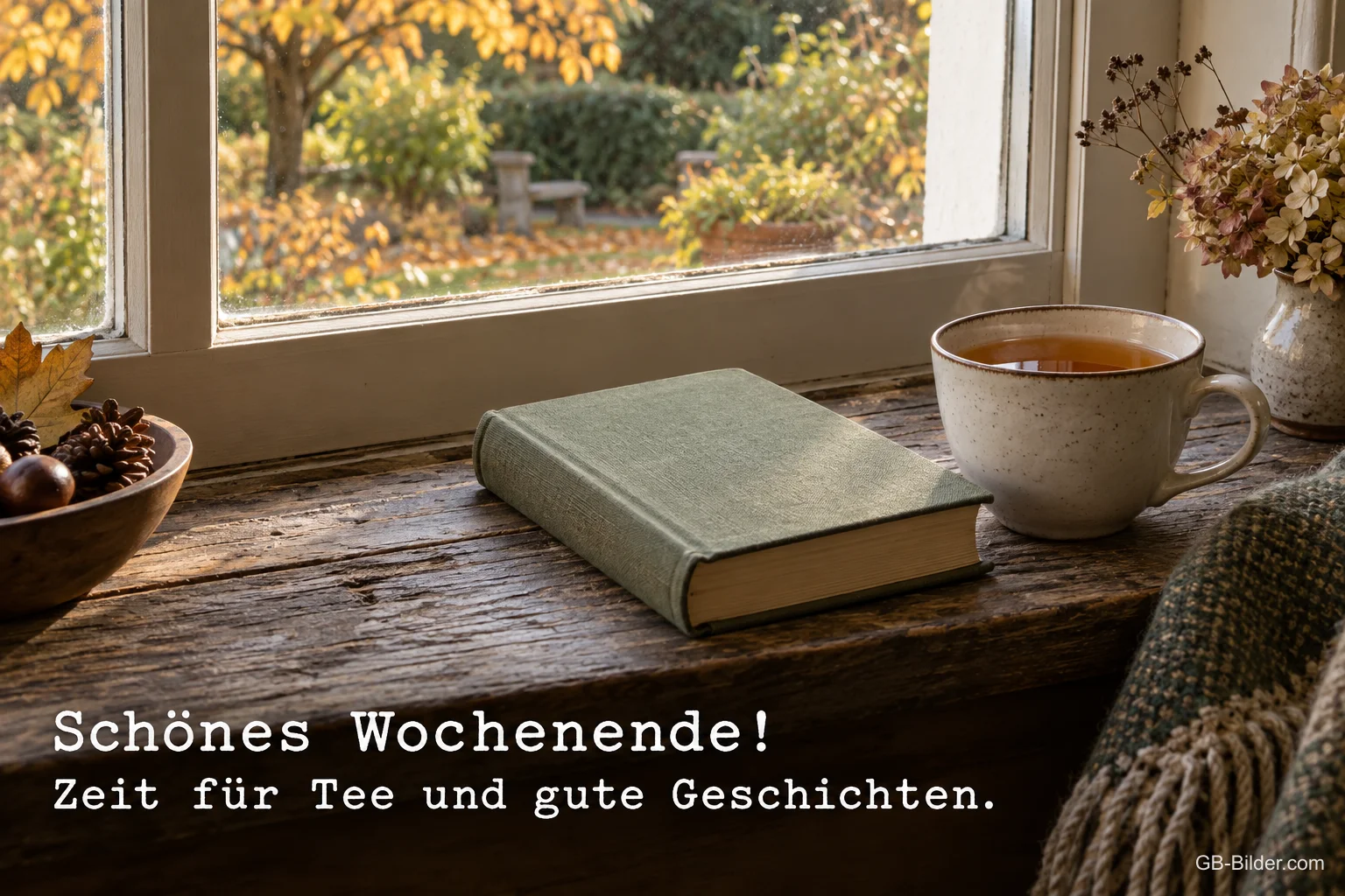 Tee und Buch am Fenster, Text: Schönes Wochenende