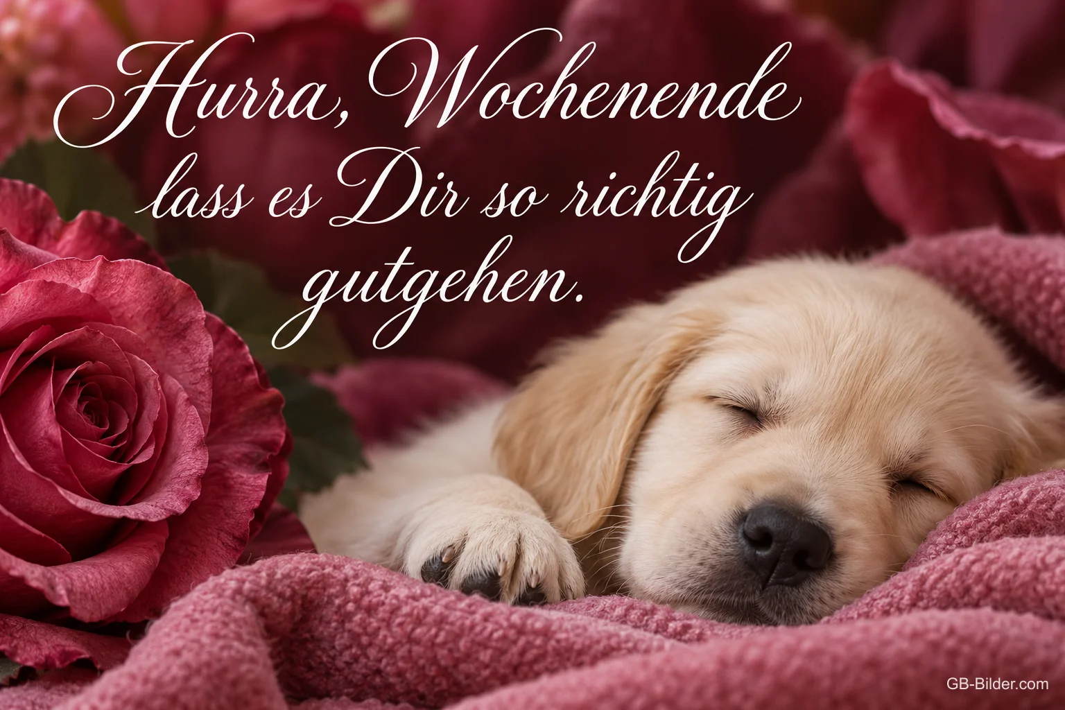 Golden-Retriever-Welpe schläft auf einer rosa Decke neben Rosen, Text: Hurra, Wochenende – lass es Dir so richtig gutgehen.