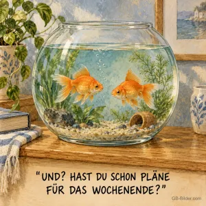 Zwei Goldfische im Glas auf einer Kommode, Text: "UND? HAST DU SCHON PLÄNE FÜR DAS WOCHENENDE?"