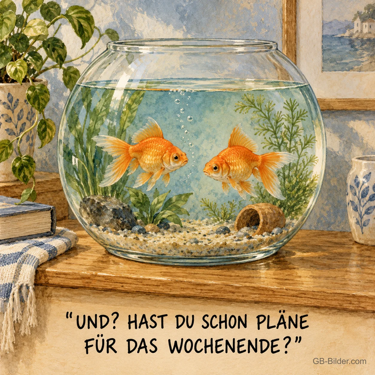 Zwei Goldfische im Glas auf einer Kommode, Text: "UND? HAST DU SCHON PLÄNE FÜR DAS WOCHENENDE?"