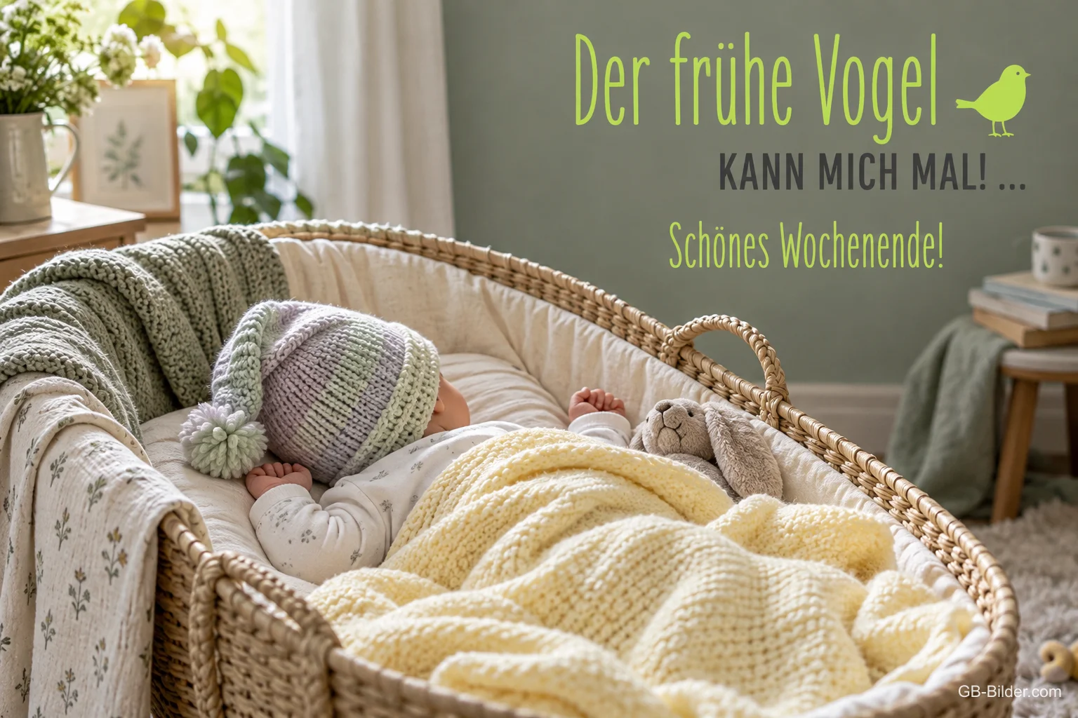 Baby schläft mit Strickmütze in einem Weidenkorb, Text: Der frühe Vogel KANN MICH MAL! … Schönes Wochenende!