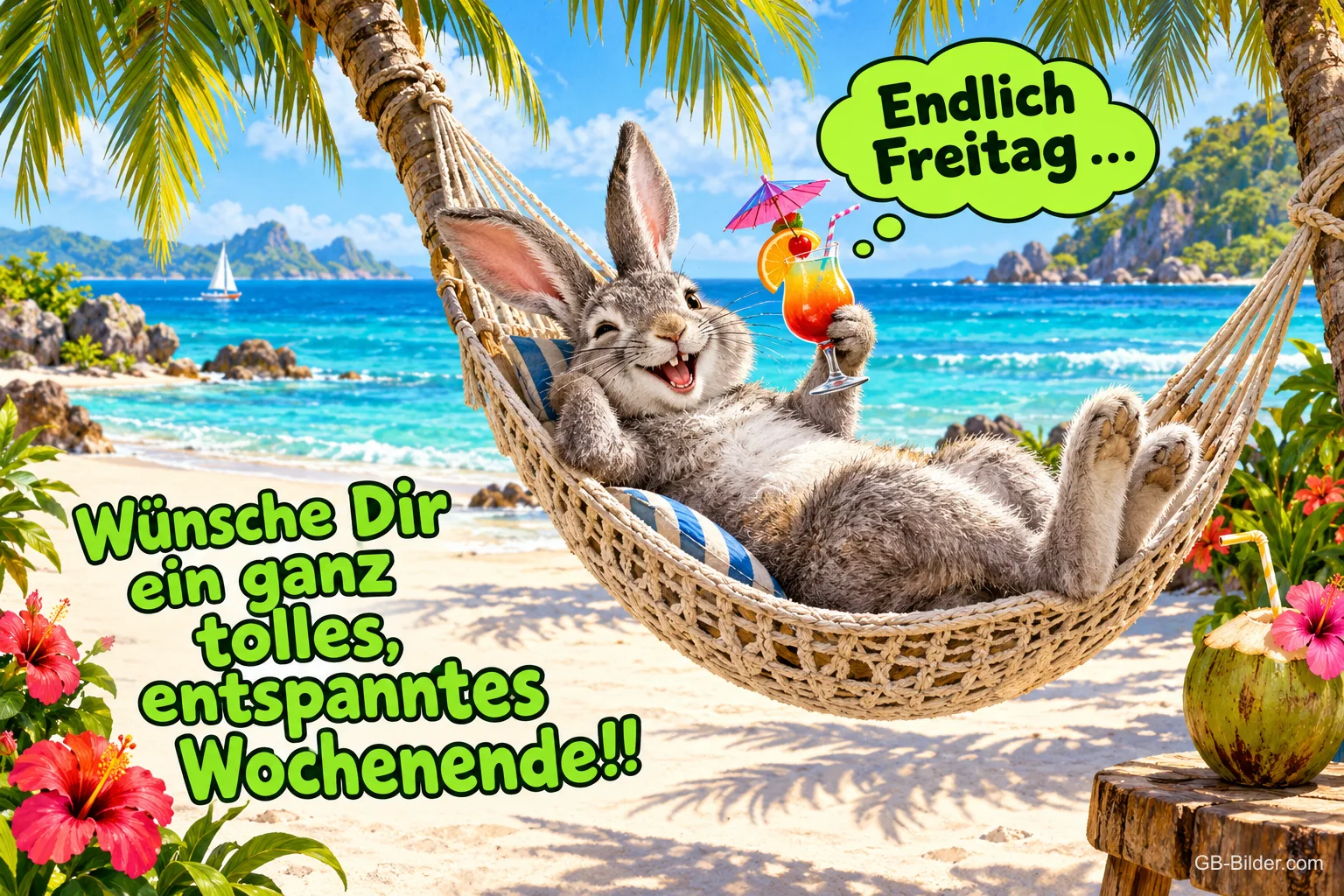 Hase liegt mit Cocktail entspannt in einer Hängematte am Palmenstrand, Text: Endlich Freitag … Wünsche Dir ein ganz tolles, entspanntes Wochenende!!