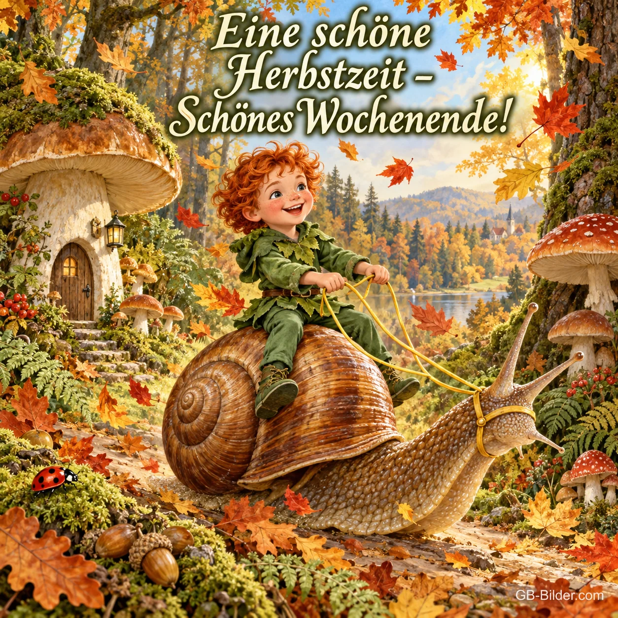 Rothaariger Junge reitet auf einer großen Schnecke durch Herbstlaub und Pilze, Text: Eine schöne Herbstzeit – Schönes Wochenende!