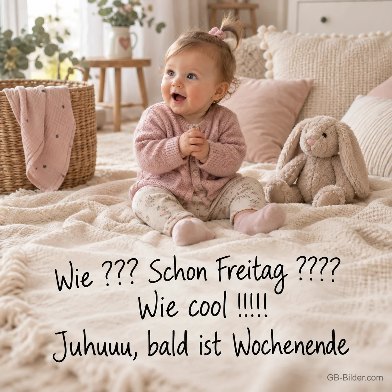 Baby sitzt staunend auf einem Bett neben einem Stoffhasen, Text: Wie ??? Schon Freitag ???? Wie cool !!!!! Juhuuu, bald ist Wochenende