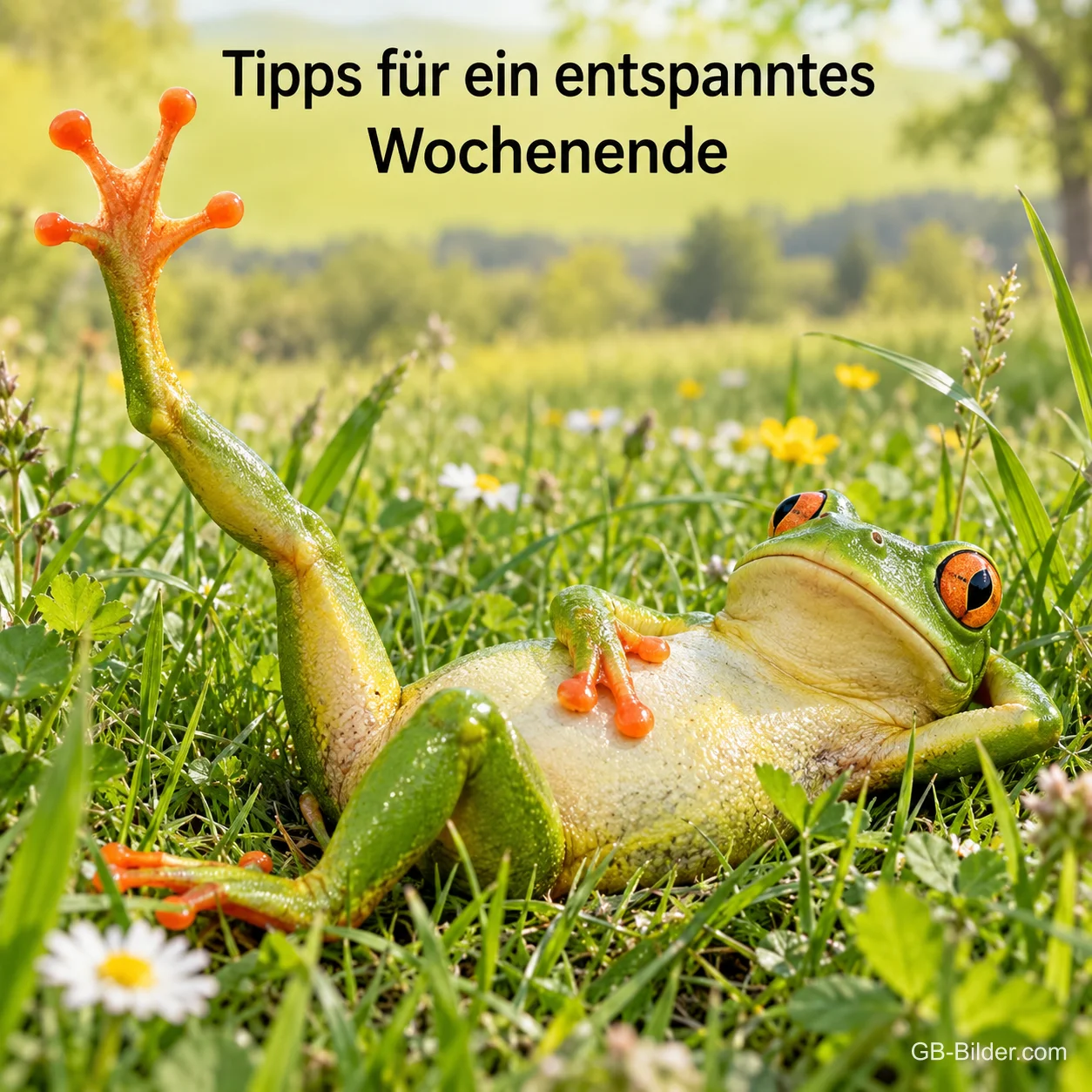 Laubfrosch liegt auf dem Rücken im Gras und streckt ein Bein in die Luft, Text: Tipps für ein entspanntes Wochenende