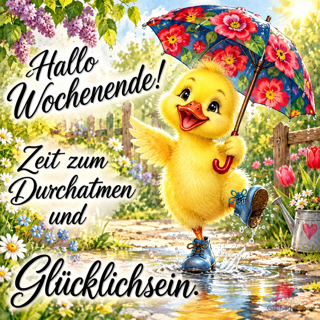 Küken mit Blumenschirm und blauen Stiefeln springt durch Pfützen, Text: Hallo Wochenende! Zeit zum Durchatmen und Glücklichsein.