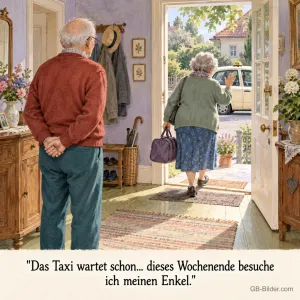 Ältere Frau mit Reisetasche geht zum Taxi, ihr Mann schaut nach, Text: "Das Taxi wartet schon… dieses Wochenende besuche ich meinen Enkel."