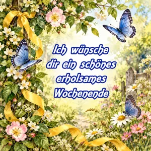Rahmen aus Blumen, Schmetterlingen und gelbem Band, Text: Ich wünsche dir ein schönes erholsames Wochenende