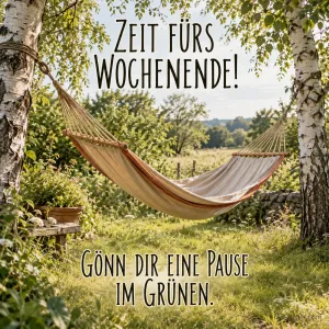 Hängematte zwischen Birken, Text: ZEIT FÜRS WOCHENENDE