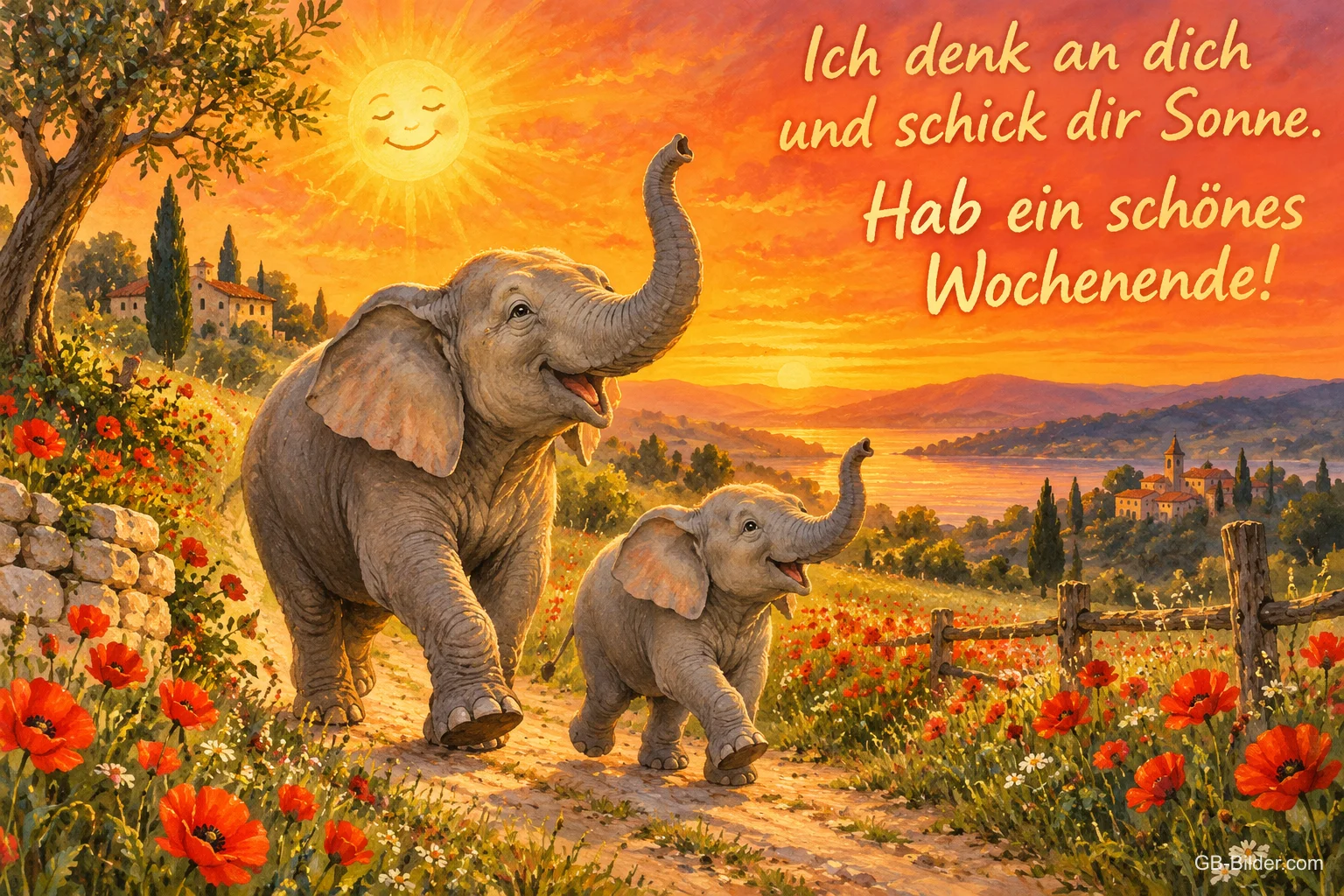 Elefantenmutter und Junges laufen fröhlich durch ein Mohnfeld unter einer lachenden Sonne, Text: Ich denk an dich und schick dir Sonne. Hab ein schönes Wochenende!