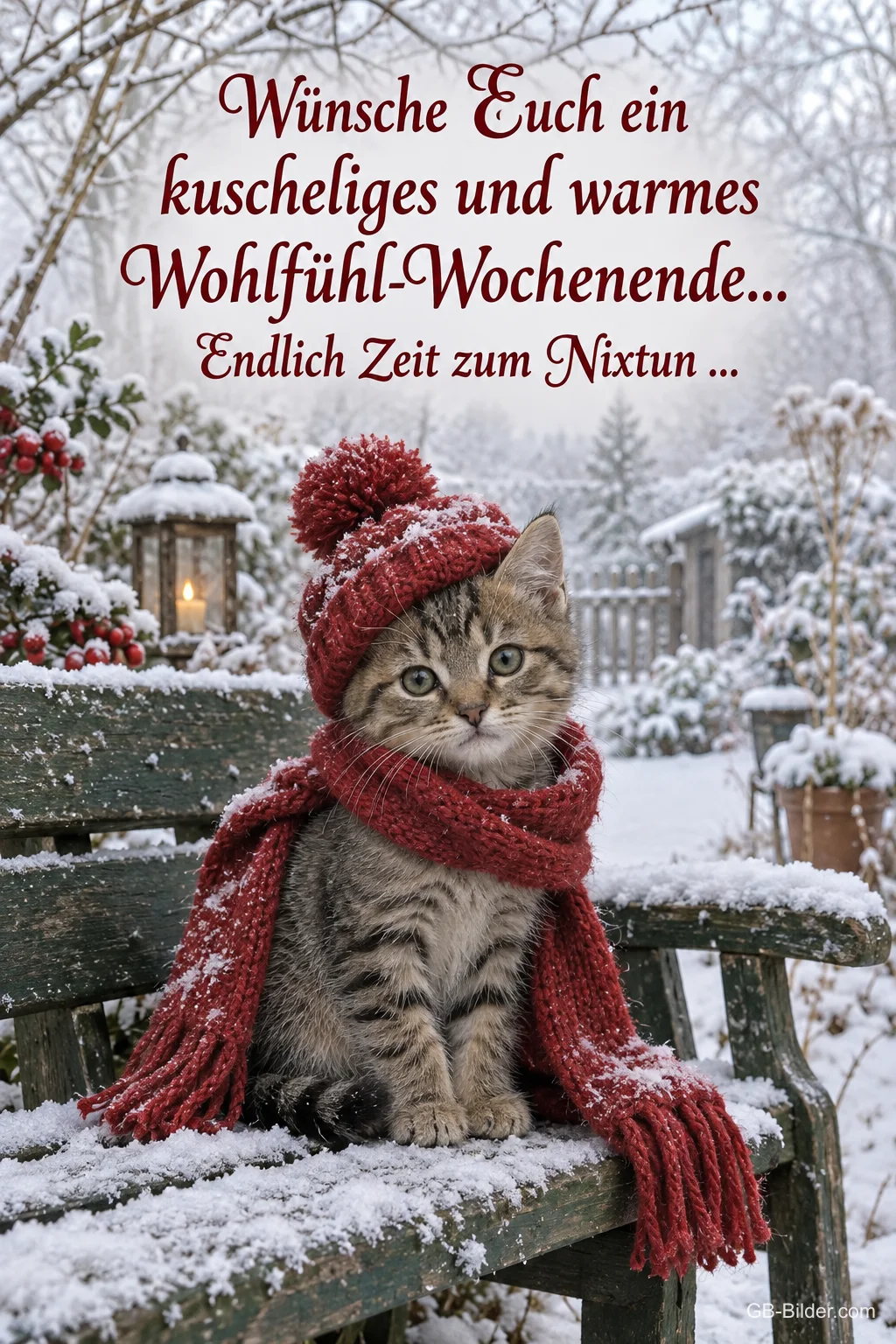 Kätzchen mit Mütze im Schnee, Text: Wünsche Euch ein kuscheliges und warmes Wohlfühl-Wochenende