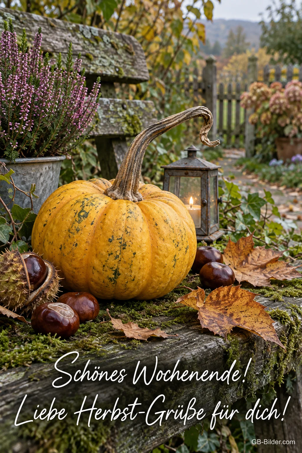 Gelber Kürbis mit Kastanien und Laterne im Garten, Text: Schönes Wochenende! Liebe Herbst-Grüße für dich!