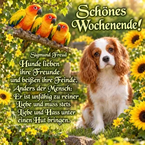 Cavalier-Welpe zwischen Sonnenblumen, darüber Sonnensittiche, Text: Schönes Wochenende! Sigmund Freud: Hunde lieben ihre Freunde und beißen ihre Feinde. Anders der Mensch: Er ist unfähig zu reiner Liebe und muss stets Liebe und Hass unter einen Hut bringen.