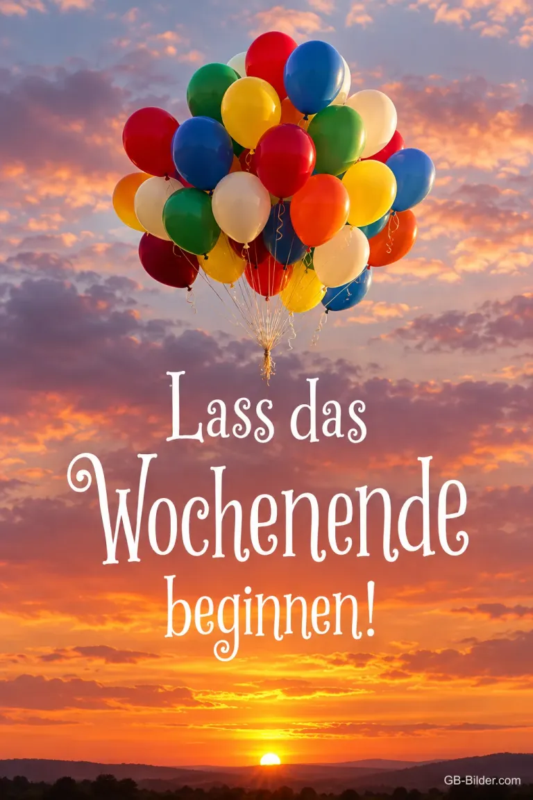 Bunte Luftballons vor dem Abendhimmel, Text: Lass das Wochenende beginnen!