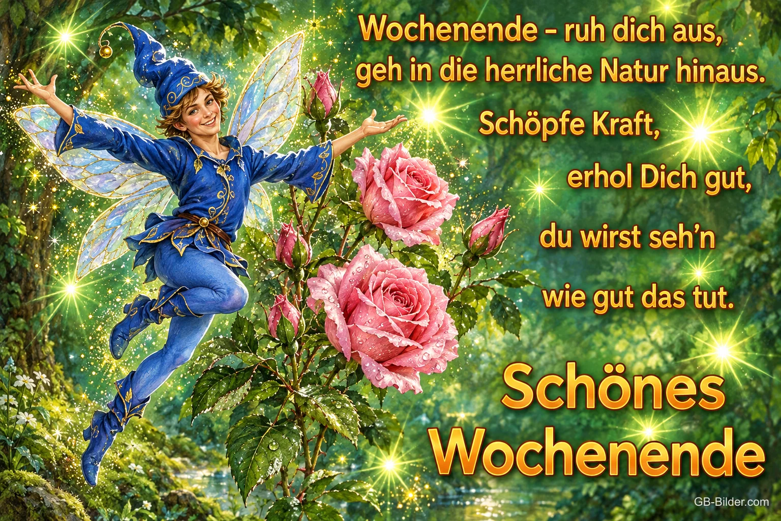 Elfe mit Zipfelmütze und Flügeln tanzt neben rosa Rosen im funkelnden Wald, Text: Wochenende – ruh dich aus, geh in die herrliche Natur hinaus. Schöpfe Kraft, erhol Dich gut, du wirst seh’n wie gut das tut. Schönes Wochenende