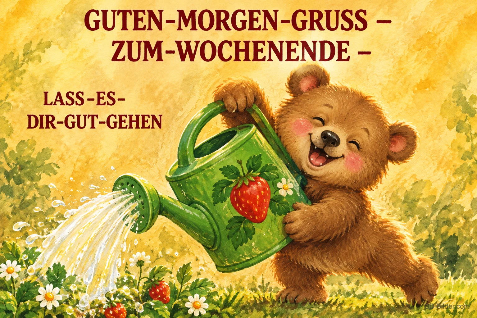 Lachender Bär gießt mit einer grünen Gießkanne Erdbeeren, Text: GUTEN-MORGEN-GRUSS – ZUM-WOCHENENDE – LASS-ES-DIR-GUT-GEHEN