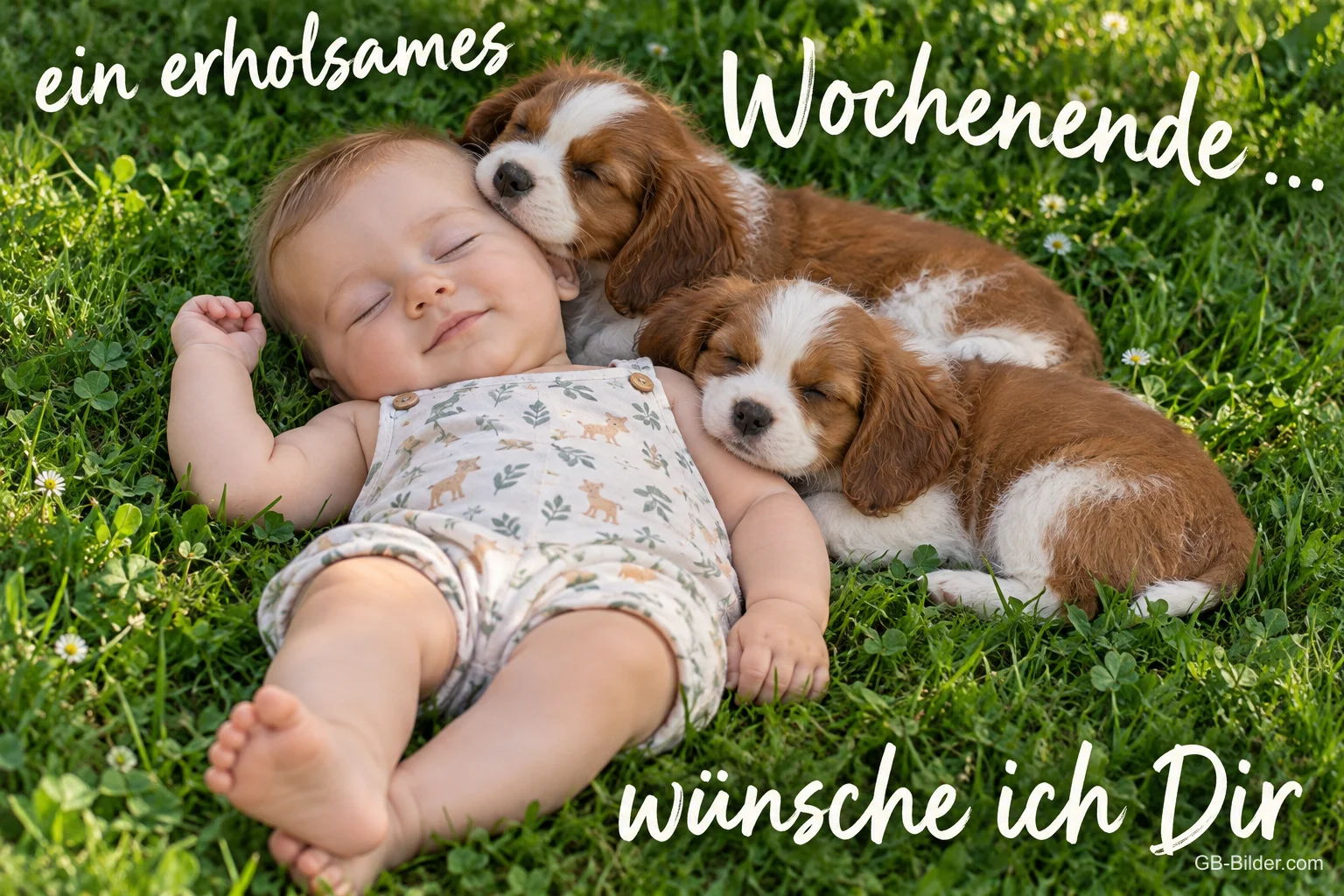 Baby schläft auf der Wiese, zwei Welpen kuscheln sich an, Text: ein erholsames Wochenende ... wünsche ich Dir
