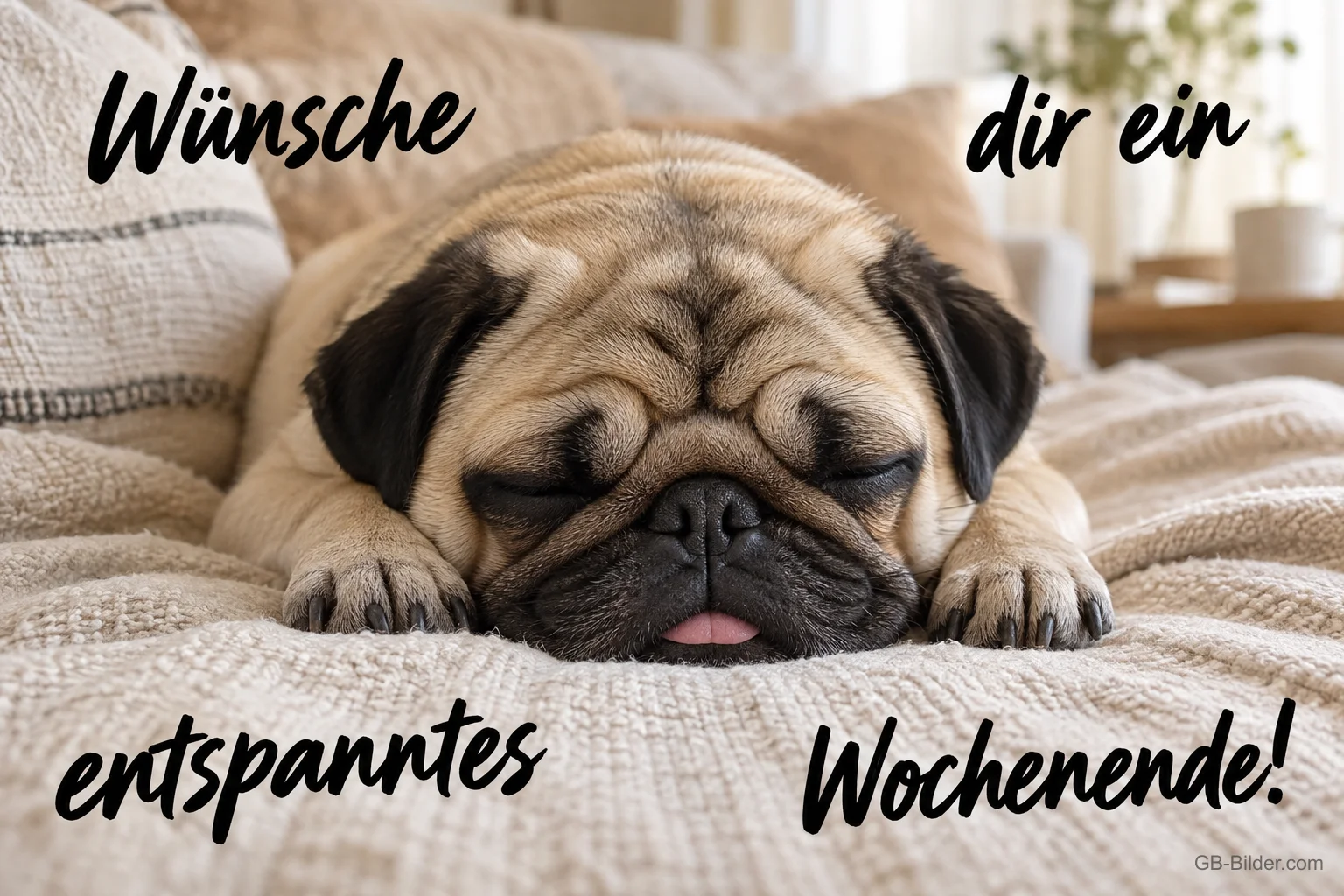 Mops schläft auf einer weißen Decke, Text: Wünsche dir ein entspanntes Wochenende!