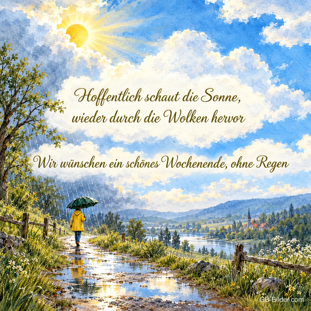 Person mit Schirm auf einem nassen Weg, darüber Sonne und Wolken, Text: Hoffentlich schaut die Sonne wieder durch die Wolken hervor. Wir wünschen ein schönes Wochenende, ohne Regen