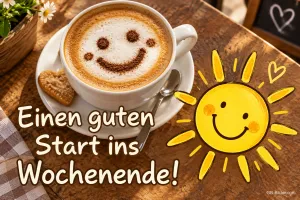 Cappuccino mit Smiley-Schaum, Keks und lachende Sonne, Text: Einen guten Start ins Wochenende!