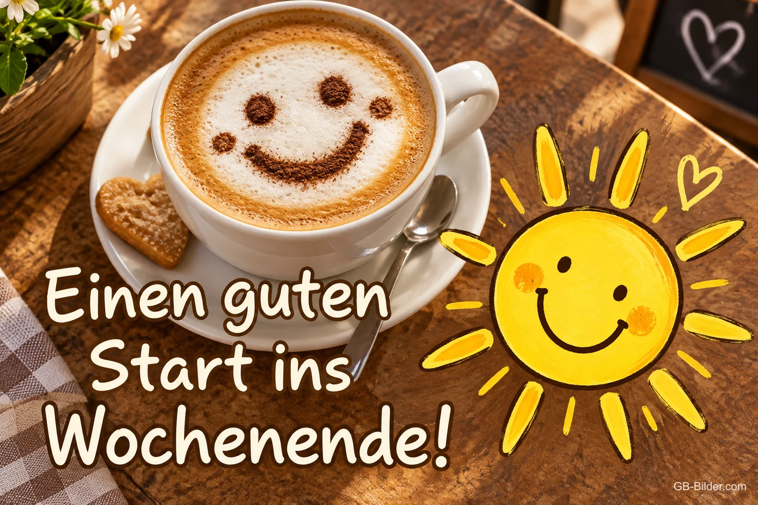 Cappuccino mit Smiley-Schaum, Keks und lachende Sonne, Text: Einen guten Start ins Wochenende!