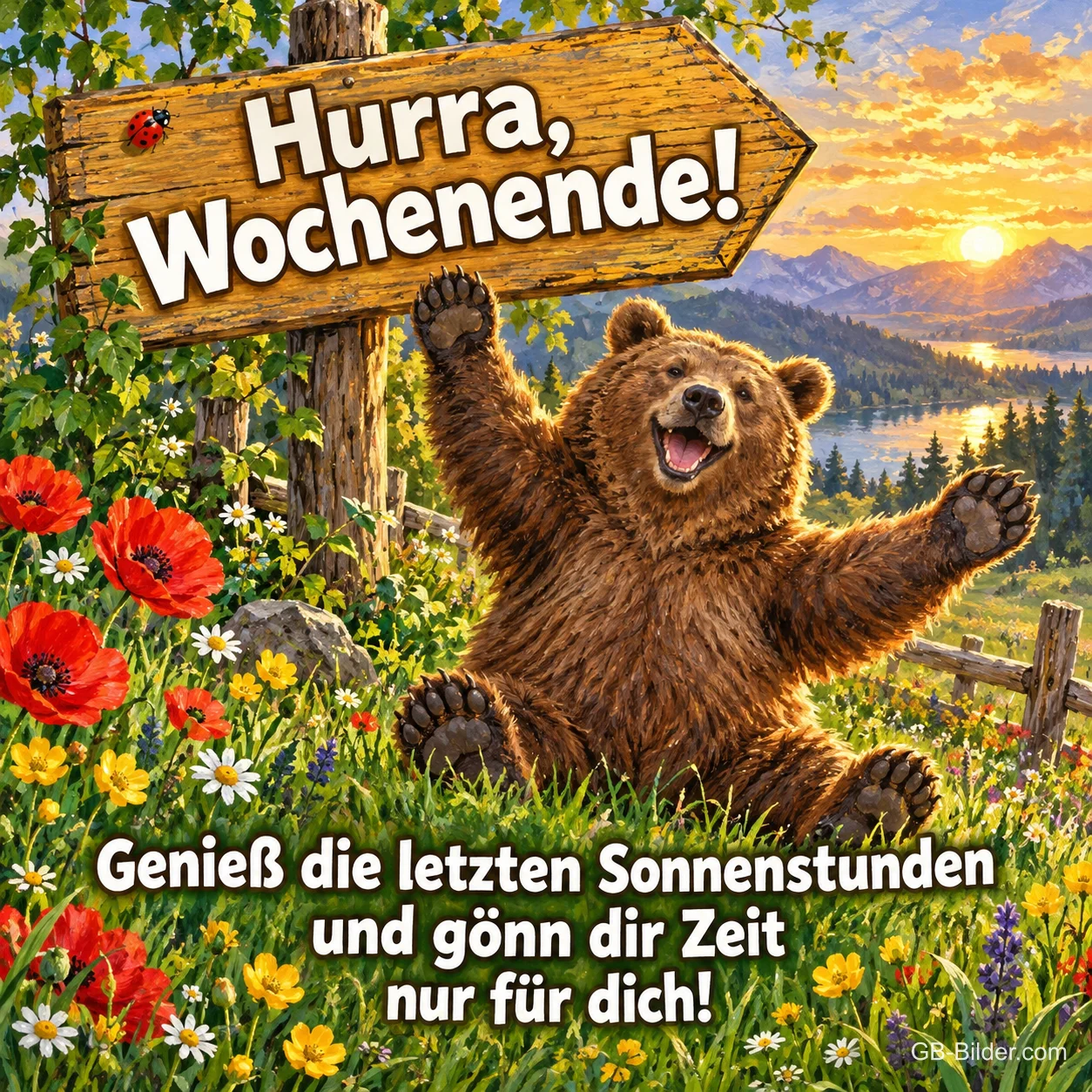 Bär sitzt jubelnd unter einem Wegweiser in einer Mohnwiese bei Sonnenuntergang, Text: Hurra, Wochenende! Genieß die letzten Sonnenstunden und gönn dir Zeit nur für dich! Bär sitzt jubelnd unter einem Wegweiser in einer Mohnwiese bei Sonnenuntergang, Text: Hurra, Wochenende! Genieß die letzten Sonnenstunden und gönn dir Zeit nur für dich!