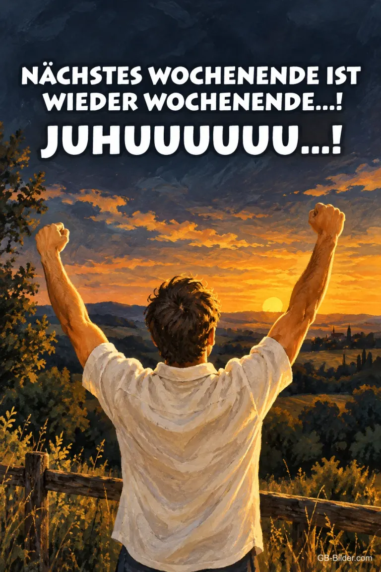 Mann reißt die Arme hoch vor einer Landschaft im Abendlicht, Text: NÄCHSTES WOCHENENDE IST WIEDER WOCHENENDE…! JUHUUUUUU…!