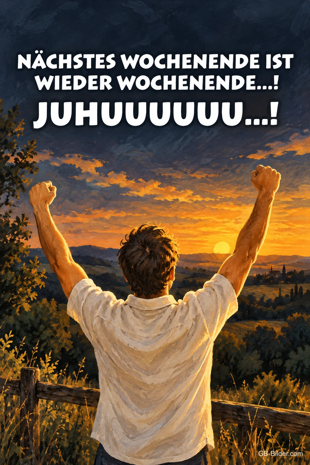Mann reißt die Arme hoch vor einer Landschaft im Abendlicht, Text: NÄCHSTES WOCHENENDE IST WIEDER WOCHENENDE…! JUHUUUUUU…!