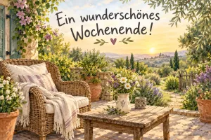 Korbsessel und Holztisch auf einer blühenden Terrasse, Text: Ein wunderschönes Wochenende!