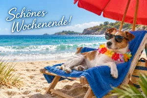 Hund mit Sonnenbrille und Blumenkette liegt im Liegestuhl am Strand, Text: Schönes Wochenende!