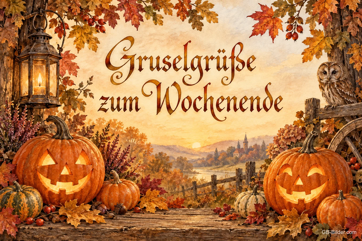 Geschnitzte Kürbisse neben einer Laterne im Herbstlaub, Text: Gruselgrüße zum Wochenende