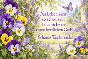 Lila und gelbe Stiefmütterchen mit Schmetterlingen, Text: Das Leben kann so schön sein! Ich schicke dir einen herzlichen Gruß! Schönes Wochenende!