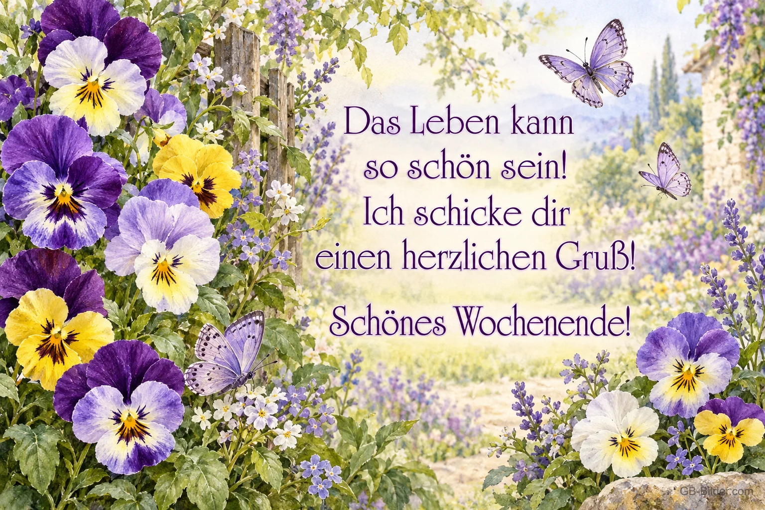 Lila und gelbe Stiefmütterchen mit Schmetterlingen, Text: Das Leben kann so schön sein! Ich schicke dir einen herzlichen Gruß! Schönes Wochenende!