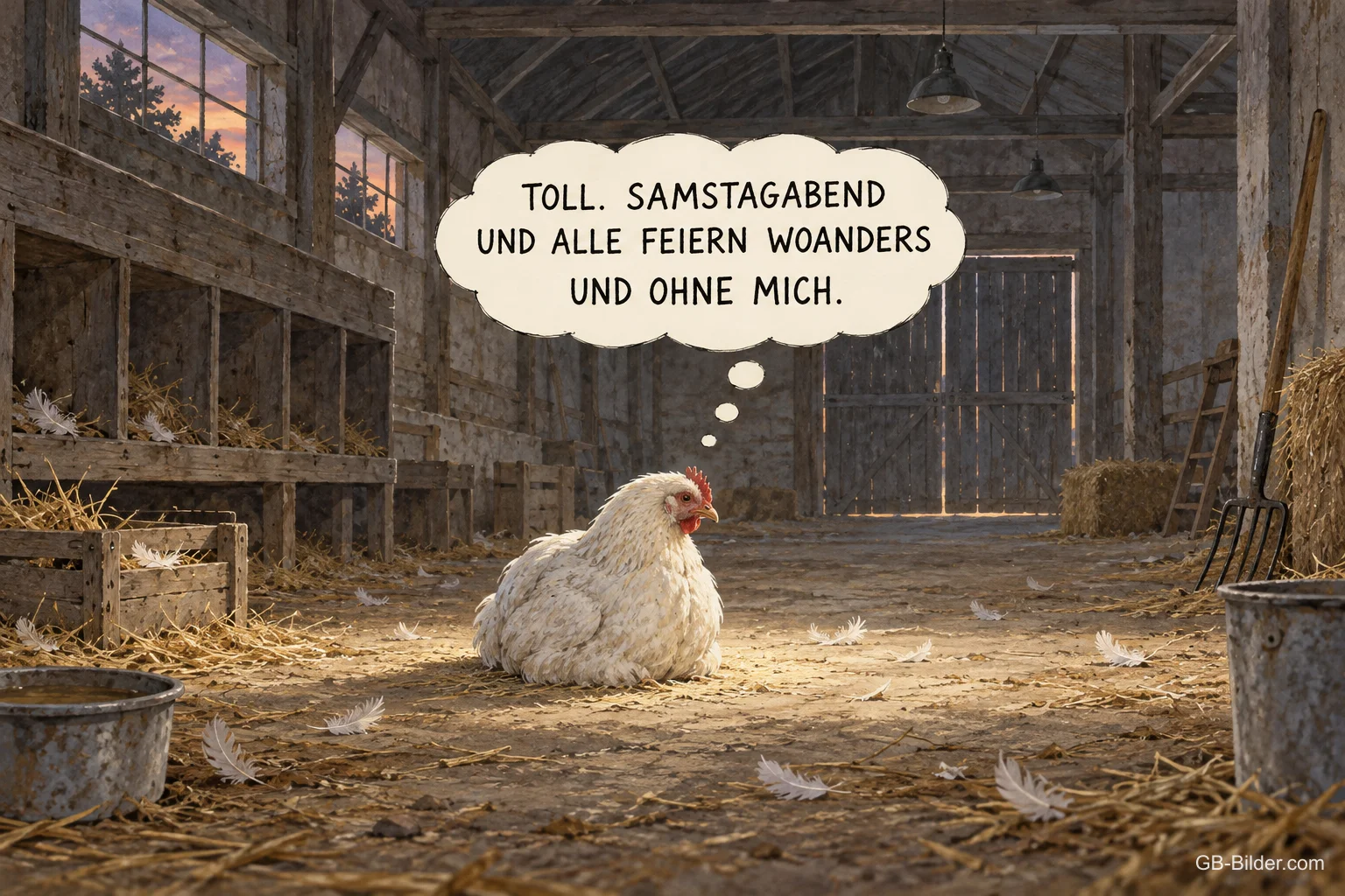 Einsames Huhn sitzt in einem leeren Hühnerstall, Text: TOLL. SAMSTAGABEND UND ALLE FEIERN WOANDERS UND OHNE MICH.
