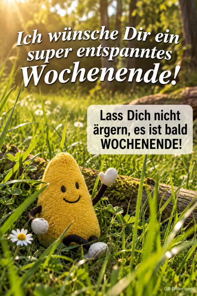 Gelbe Plüschfigur sitzt im Gras im Sonnenlicht, Text: Ich wünsche Dir ein super entspanntes Wochenende! Lass Dich nicht ärgern, es ist bald WOCHENENDE!