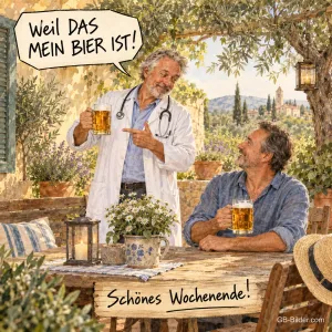 Arzt und Mann mit Bierkrügen im Garten, Text: WEIL DAS MEIN BIER IST! Schönes Wochenende!