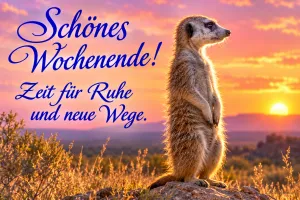 Erdmännchen steht aufrecht vor einem Sonnenuntergang, Text: Schönes Wochenende! Zeit für Ruhe und neue Wege.