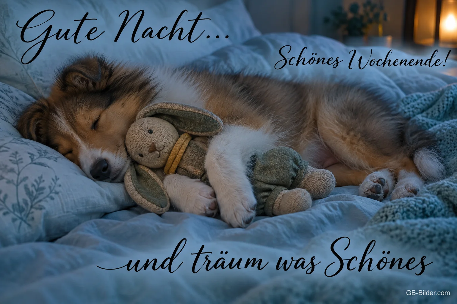 Welpe schläft mit Stofftier auf einer blauen Decke, Text: Gute Nacht… und träum was Schönes – Schönes Wochenende!