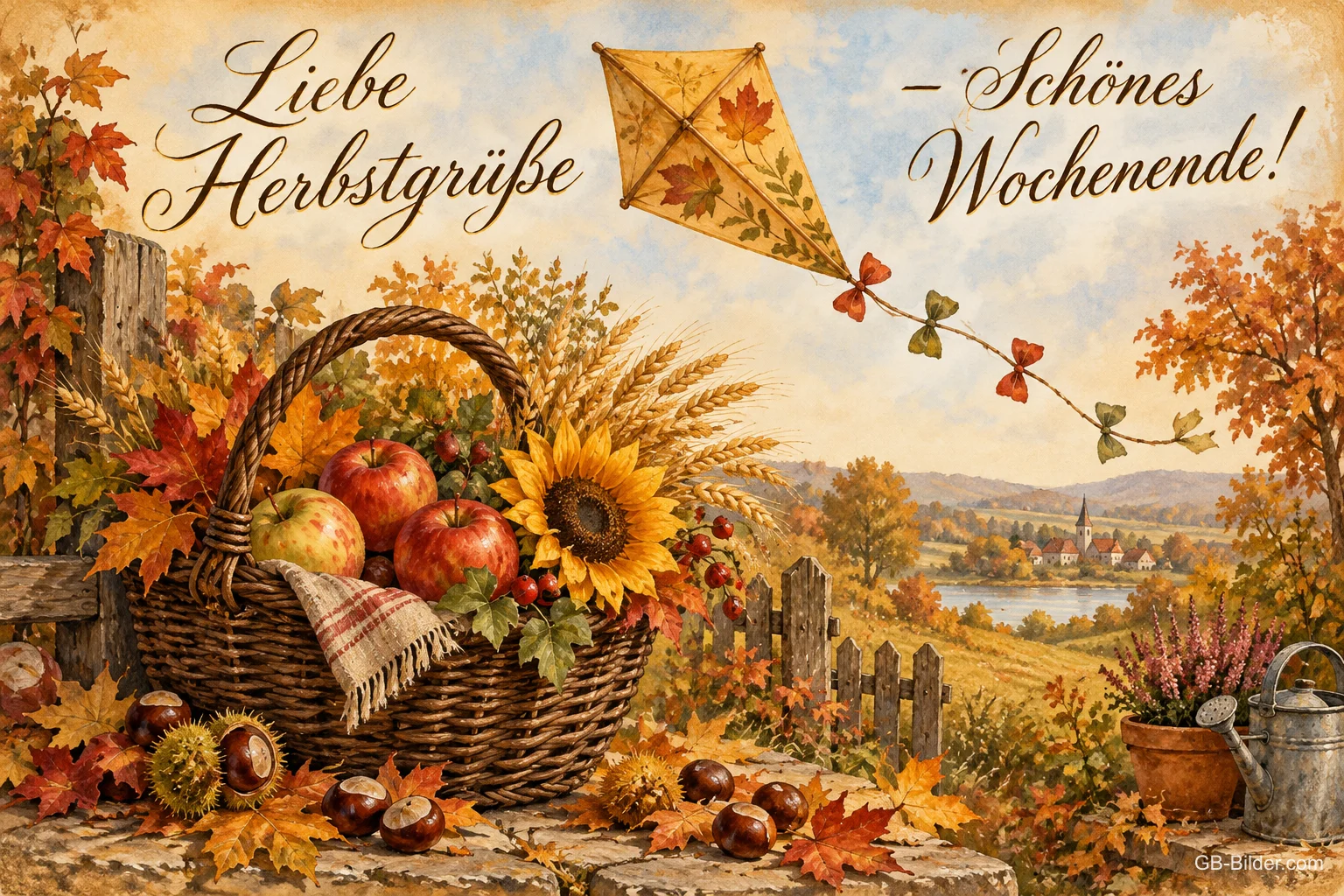 Erntekorb mit Äpfeln und Sonnenblume, darüber ein Drachen, Text: Liebe Herbstgrüße – Schönes Wochenende!