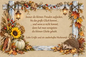 Holzrahmen mit Herbstlaub, Sonnenblume und Igel, Text: Immer die kleinen Freuden aufpicken, bis das große Glück kommt… und wenn es nicht kommt, dann hat man wenigstens die kleinen Glücke gehabt. Liebe Grüße und ein zauberhaftes Wochenende